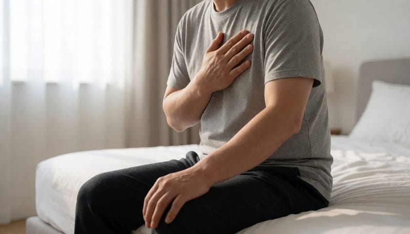 40대 남성이 이른 아침 가슴 통증을 느끼며 침대에 앉아있는 모습