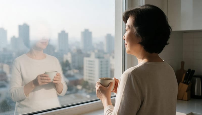 50대 여성이 부엌 창가에서 뿌연 도시 풍경을 바라보는 모습