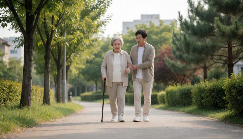 70대 여성이 지팡이를 짚고 가족과 함께 공원길을 천천히 걷는 모습