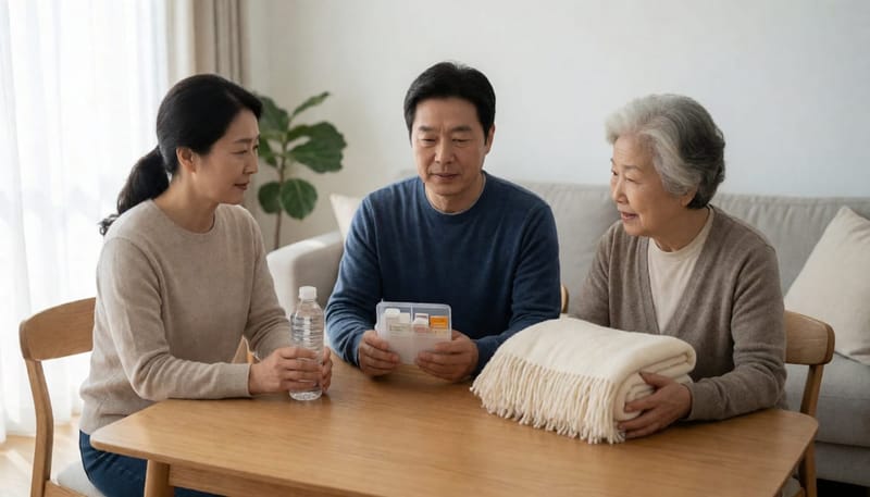 세 세대의 가족이 함께 거실에 모여 각자의 건강 관리용품을 들고 있는 모습