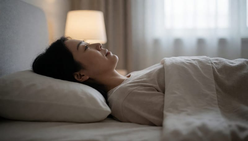 평평하게 누운 자세를 보여주는 야간 침실 장면