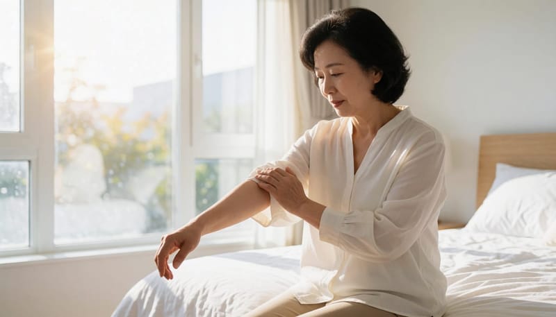 아침에 소매 속으로 팔이 잘 들어가지 않아 애쓰는 여성의 모습