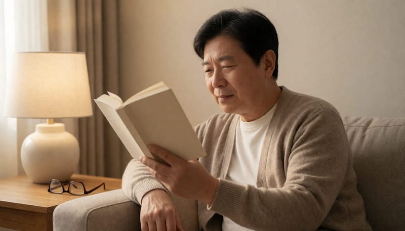 돋보기를 두고 책을 눈 가까이 대고 찡그리며 읽으려 애쓰는 중년 남성