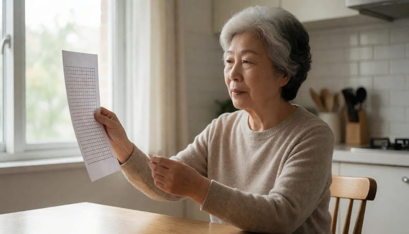 암슬러 격자표를 눈에 대고 선이 휘어 보이는지 확인하는 노년 여성
