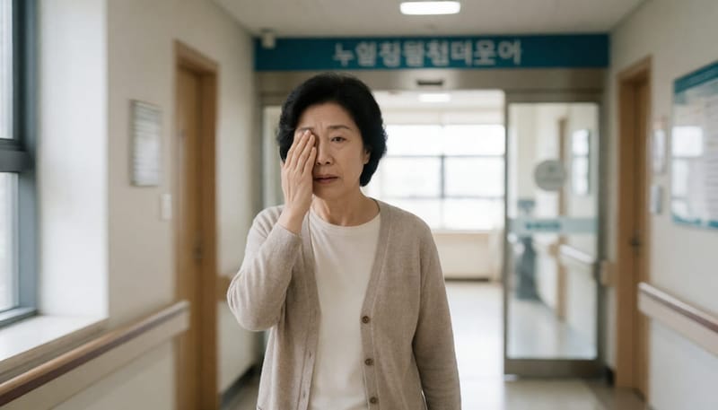 한쪽 눈을 가리고 급히 안과로 향해 걸어가는 여성