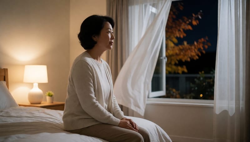 밤에 침대에서 종아리를 붙잡고 경련으로 힘들어하는 여성