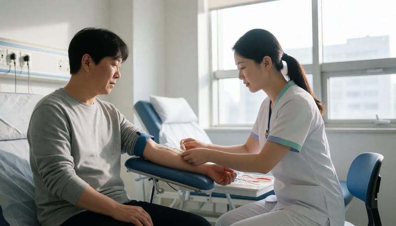 혈액 채취를 통해 마그네슘 수치를 검사하는 병원 모습