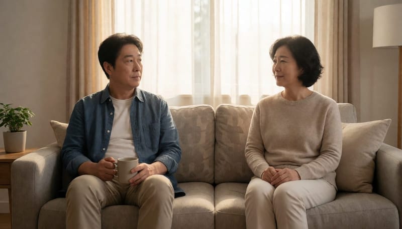 거실 소파 양쪽 끝에 각자 다른 곳을 보며 앉아 있는 중년 부부