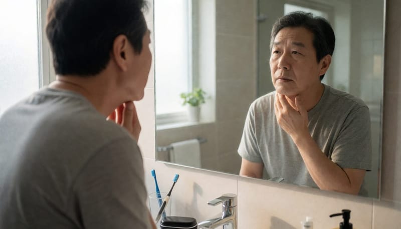 욕실 거울 앞에서 자신의 얼굴과 목을 살펴보며 신호를 확인하는 남성