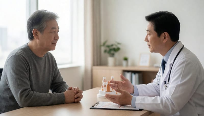 진료실에서 의사와 마주 앉아 치료 방향에 대해 상담받는 중년 남성