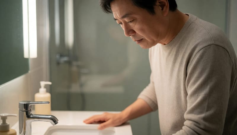 화장실에서 걱정스러운 표정으로 서 있는 중년 남성