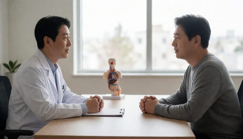 진료실에서 의사와 상담 중인 남성 환자