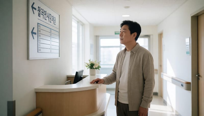 병원 복도에서 진료실을 찾아 걷는 남성
