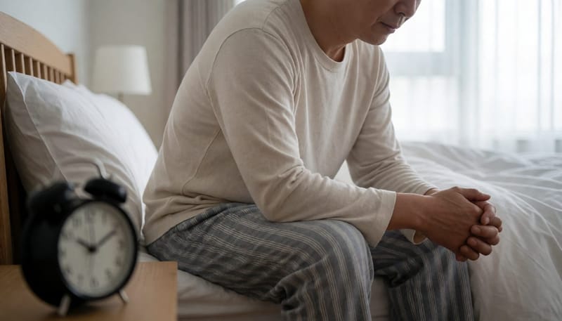 아침에 침대 끝에 앉아 무기력한 표정을 짓는 남성