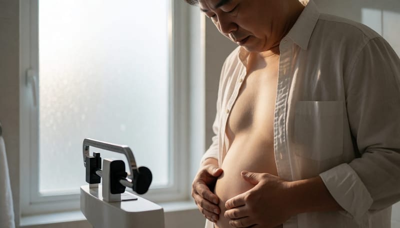체중계 위에서 배를 내려다보며 걱정하는 중년 남성