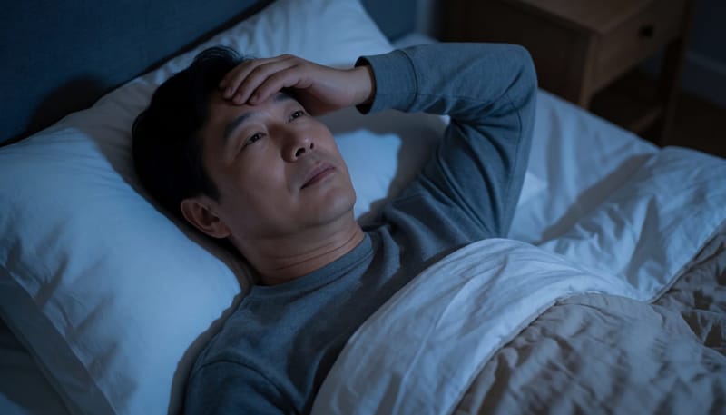 밤에 잠들지 못하고 천장을 바라보는 남성