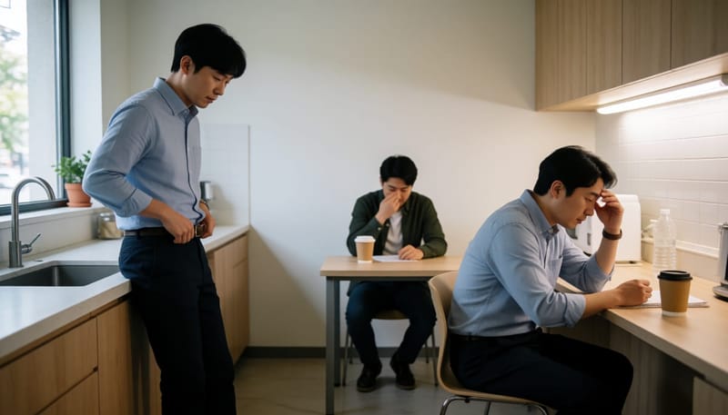 각기 다른 유형의 무기력을 겪는 세 남성이 있는 사무실 휴게공간