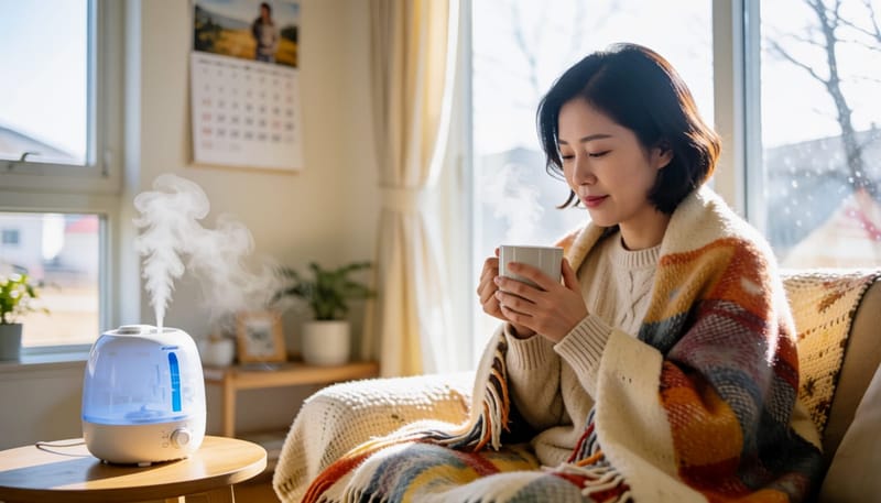 검진 전 몸을 따뜻하게 하며 환경을 관리하는 여성의 모습