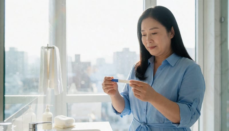이른 아침 자가 임신테스트기로 임신확인 여부를 살피는 모습