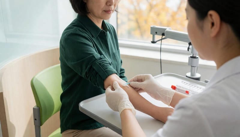 혈액검사를 위해 채혈하는 임신전검진 과정의 한 장면