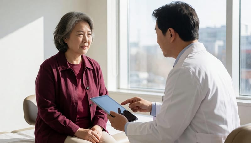 검사 결과와 급여 기준을 함께 확인하며 치료 방법을 상담하는 모습입니다.