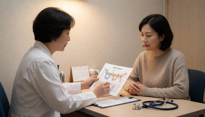 의사와 여성 환자가 진료실 책상에서 생리주기 상담을 나누는 모습