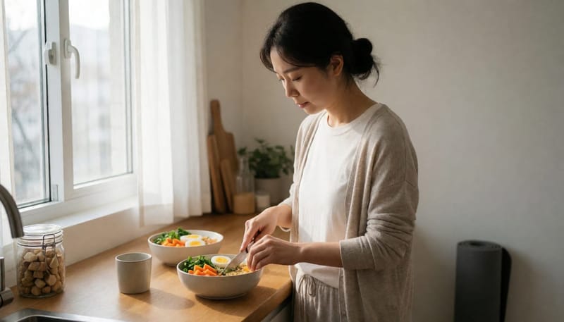 여성이 아침 햇살이 드는 주방에서 건강한 아침식사를 준비하는 모습
