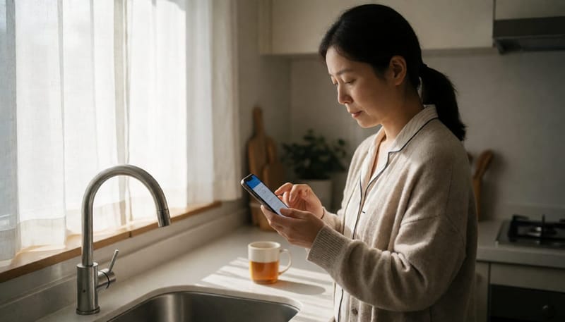 아침 주방에서 여성이 생각에 잠긴 채 달력을 확인하는 모습