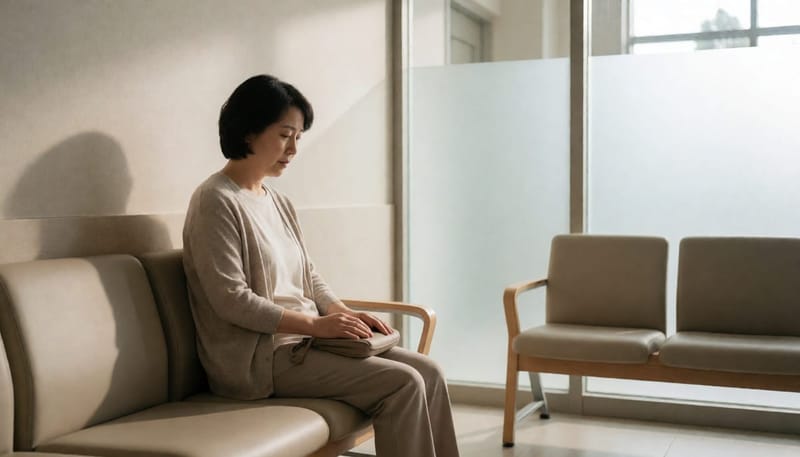 진료 대기실에서 여성이 복부에 손을 올리고 앉아 있는 모습