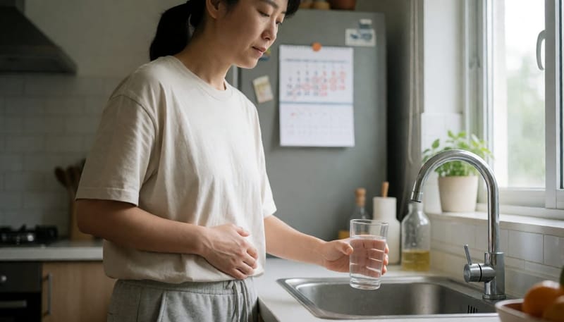 아침 주방에서 배를 짚고 서 있는 여성의 일상적인 모습