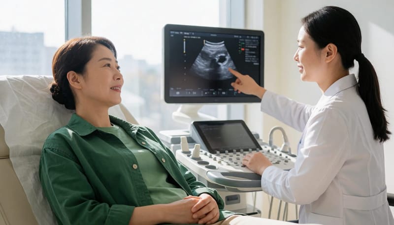 경질 초음파로 난관과 난소 주변 염증 소견을 확인하는 과정