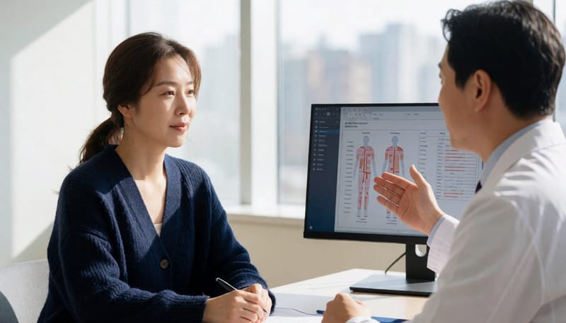혈액검사 결과의 염증 수치를 두고 상담하는 진료 장면