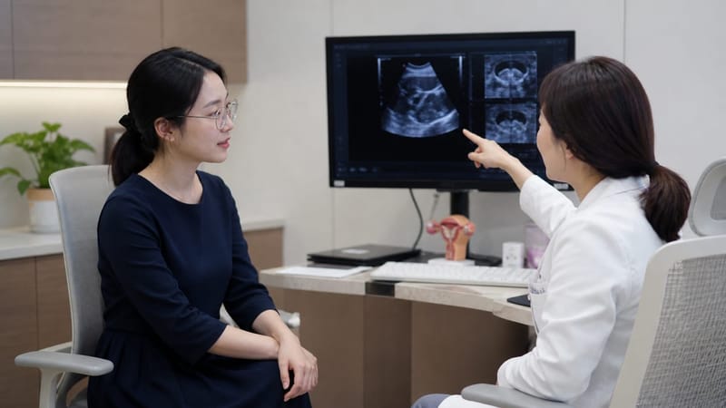 산부인과 상담 중 검사 결과를 함께 확인하는 모습