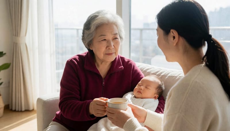 산후조리 중인 가족이 온도 변화가 큰 시기에 산모의 컨디션을 함께 살피는 모습