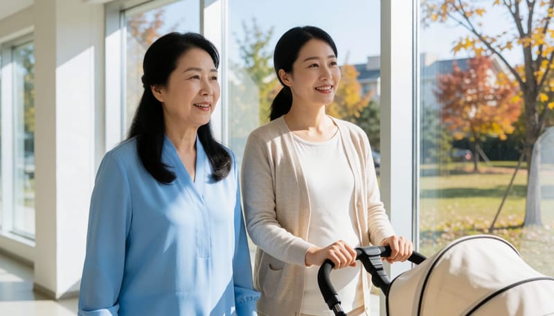 환절기 짧은 산책으로 수면과 순환 리듬을 조절하는 산후 관리 모습