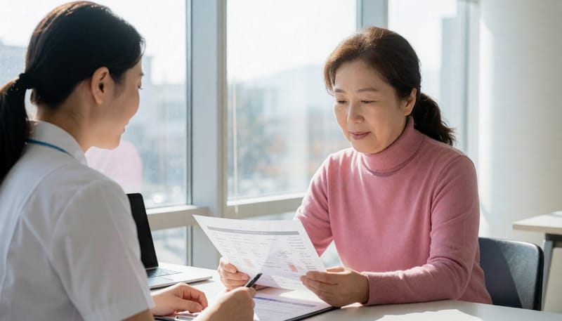 산후 혈액검사 결과를 확인하며 갑상선 기능 이상 여부를 점검하는 상담 장면