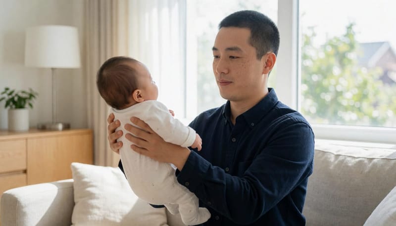 엄지가 아닌 손바닥과 팔 전체로 아기를 받치는 손목 보호 자세를 보여주는 장면입니다.