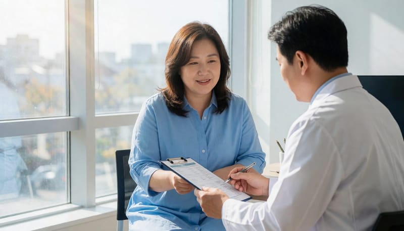 여성검진 결과지를 의료진과 함께 확인하는 모습입니다.