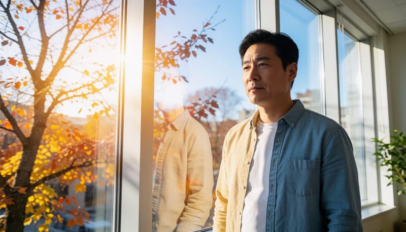환절기 햇빛과 그림자의 대비 속에 서 있는 남성