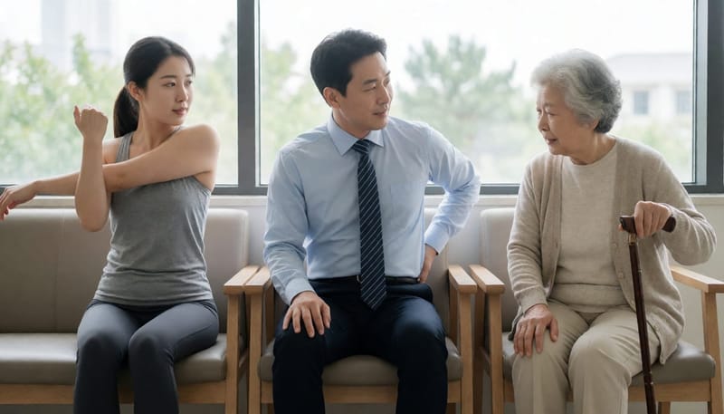 연령대별로 다른 이유로 도수치료를 찾는 20대부터 70대까지의 환자들