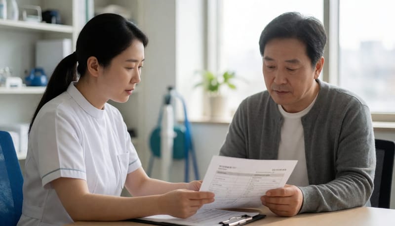 관리급여 전환에 따른 실비 청구 기준을 상담받는 환자와 치료사