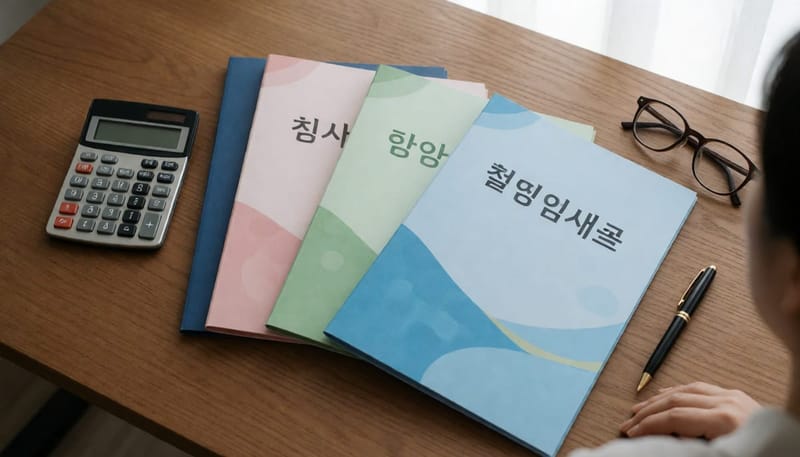 실손보험 세대별 비교를 상징하는 서로 다른 보험 서류들