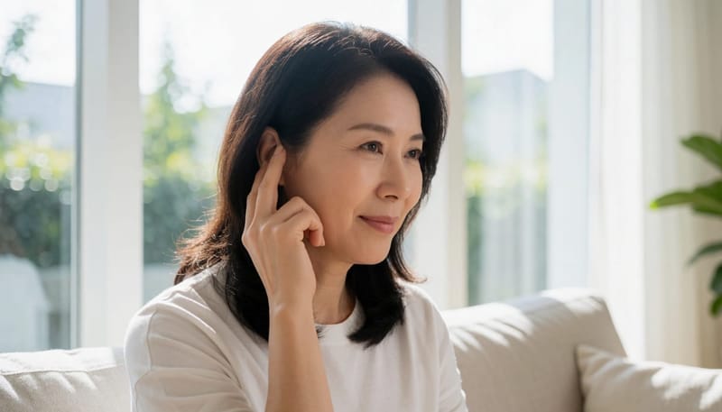 귀 뒤쪽을 손으로 눌러보며 통증을 느끼는 30대 여성