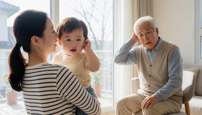 귀를 만지며 우는 영유아와 걱정스러운 표정의 고령 남성이 함께 있는 가정 모습