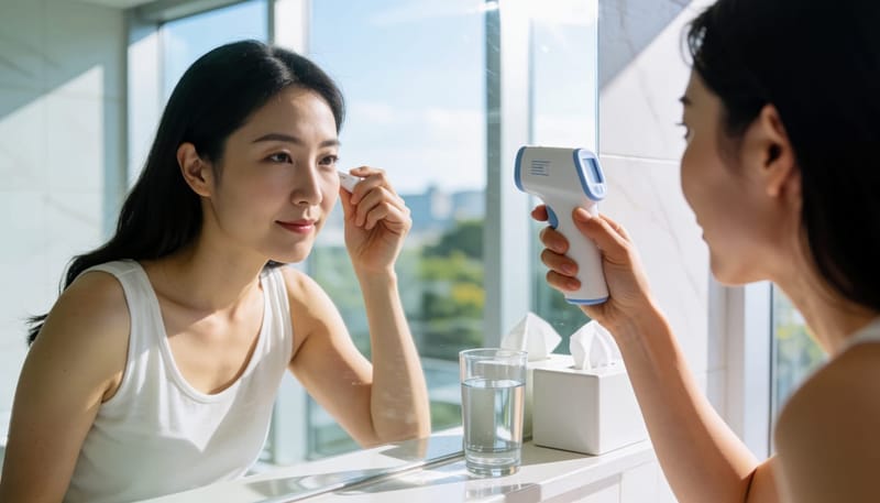 체온계로 귀 체온을 측정하며 증상을 확인하는 여성