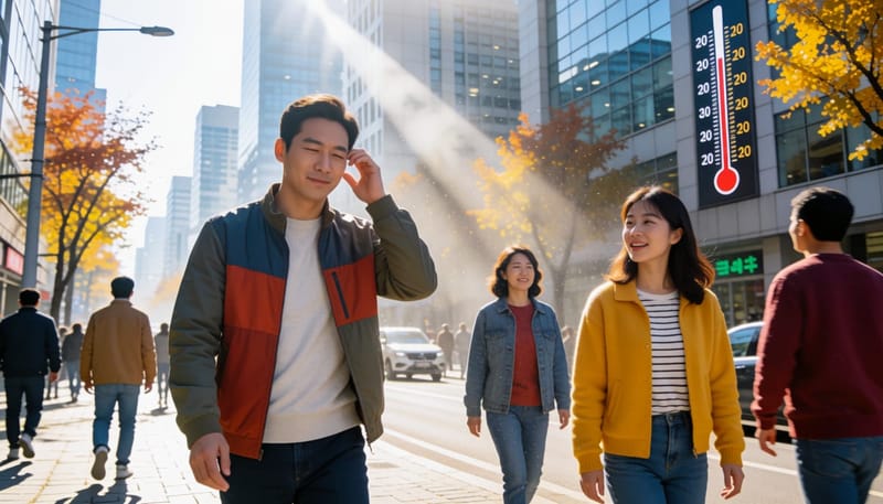 미세먼지 낀 환절기 거리에서 두통을 느끼는 남성
