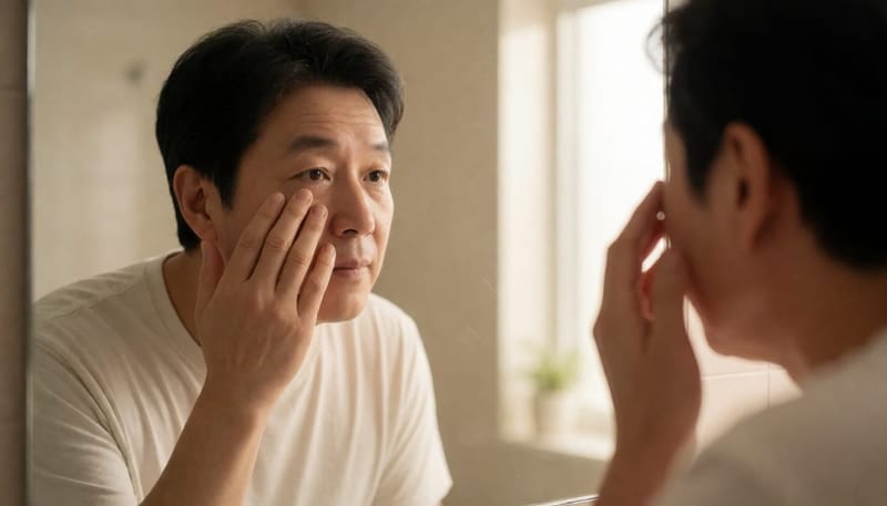 거울 속 자신의 피부와 눈가를 살펴보는 중년 남성