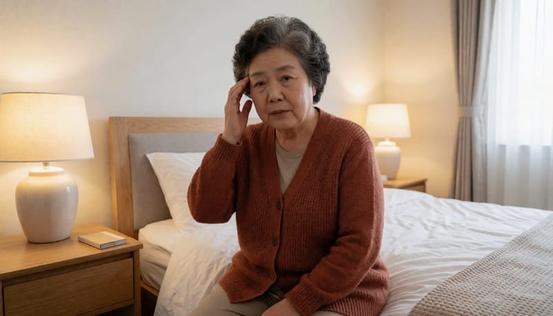 전신이 흔들리는 듯한 어지럼증을 겪는 60대 여성의 모습