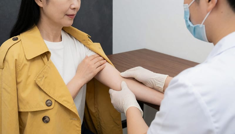 혈액검사로 비타민D 수치를 확인하는 50대 여성의 채혈 장면