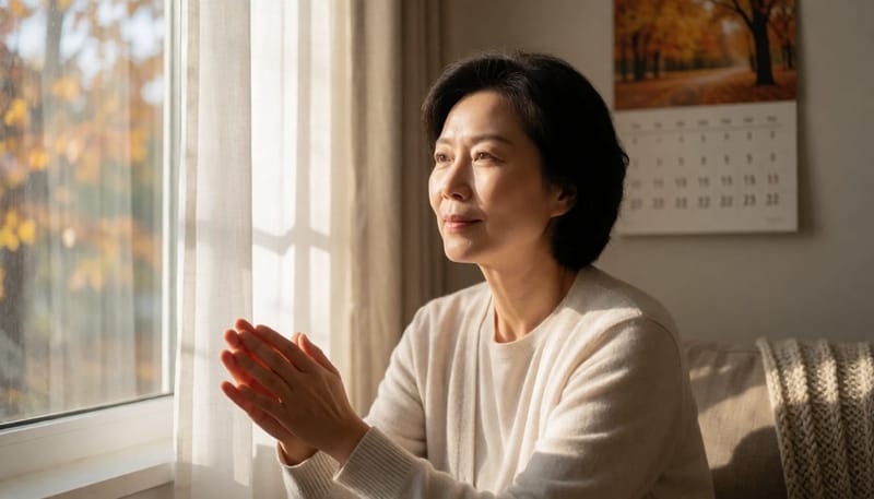 가을 오후 창가에서 햇빛이 얼굴에 드리우는 여성의 모습